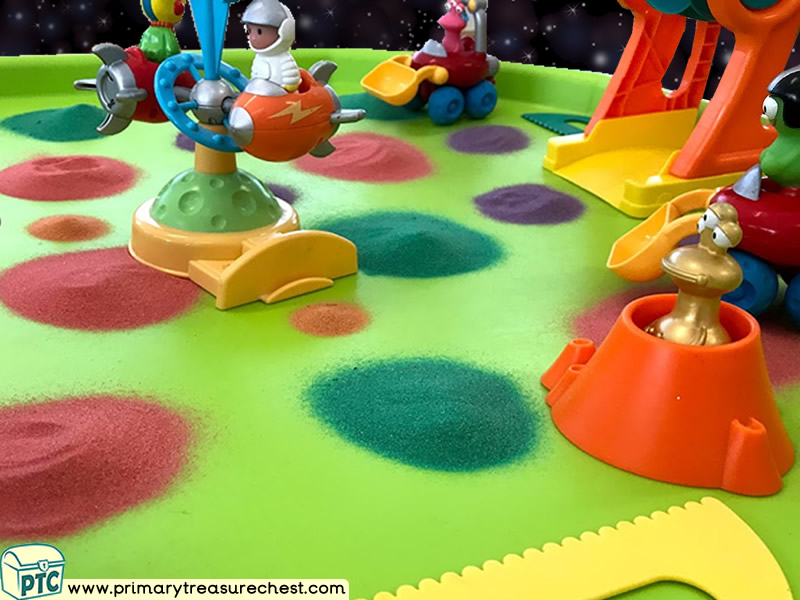 Space - Astronauts - Robots - Alien Themed Small World Multi-sensory Coloured Sand Tuff Tray Ideas and Activities